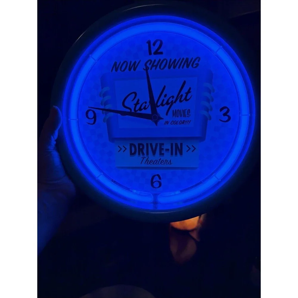 Ravina Clock Company  BLUE Twin Bell  Neon Clock Starlight Movies Drive In. GUC!